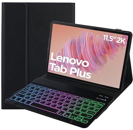SUEEWE Case with Keyboard for Lenovo Tab Plus 11.5 Inch, 7 Color Backlight, Wireless UK Layout keyboard, Removable Detachable for Lenovo Tab Plus (TB351FU), Black