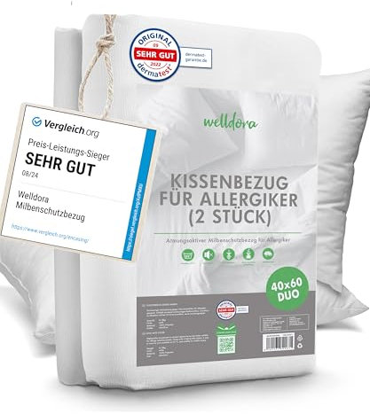 Welldora ǀ 2er-Set Premium Milbenbezug Kissen 40x60 ǀ Allergiker Kissenbezug fachärztlich getestet ǀ Premium Encasing mit Reissverschluss ǀ Allergiker Bettwäsche