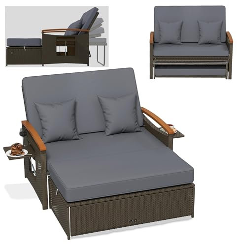 GYMAX 3 in1 Rattan Sofabett Gartenliege, Doppel Sonnenliege mit ausziehbarer Seitenablage & Hocker, Tagesbett mit 4-stufig Verstellbarer Rückenlehne & Kissen, Garten Lounge 2 Sitzer (Grau)