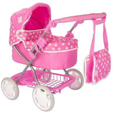Dolly Tots Cherish Puppenwagen | Rosa & Weiß, Verstellbarer Griff & Verdeck, Flach zusammenklappbares Design, Inklusive passender Wickeltasche, Abnehmbare Abdeckung & Stauraum unter dem Sitz | Spielze