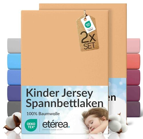 etérea Jersey 2er Set Spannbettlaken 80x160cm - 80x180cm Sand bis 20 cm Höhe - 100% Baumwolle Spannbetttuch Oekotex - Kinder Doppelpack Bettlaken 80x160 cm - 80x180 cm - Beige