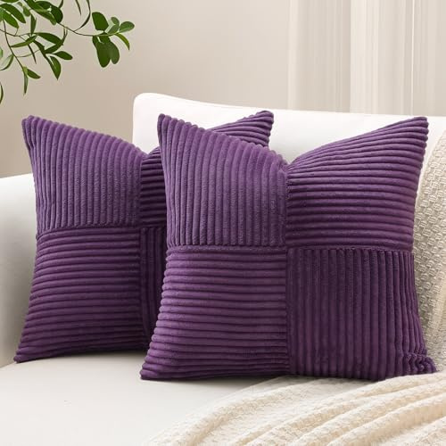 Sungeek 2er Set Cord Kissenbezüge, Kreuz Streifen Muster Kordsamt Kissenbezug Sofakissen Dekokissen Patchwork Design Deko Zierkissenbezüge Kissenhülle für Wohnzimmer (40x40cm, Violett)