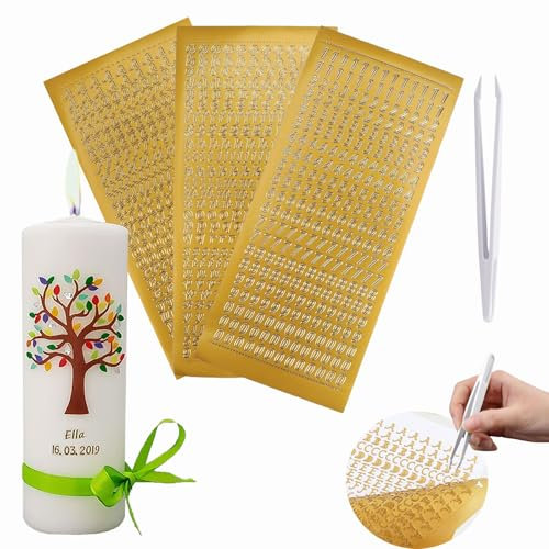 Scentoria Wachsbuchstaben für Kerzen mit Pinzette - Goldfarbige Aufkleber - 3 Stück Wachsstifte