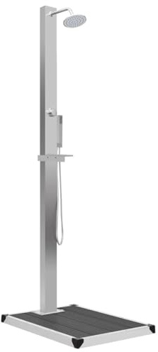 IKAYAA Ducha Exterior para Piscinas con Suelo de WPC, Ducha para Jardín en Acero Inoxidable, Cabezal de Ducha y Alcachofa de Mano, Multiuso Bonito, 10 x 6,5 x 210 cm,Gris