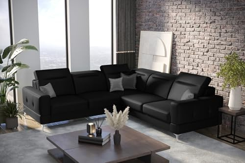 Friderik Ecksofa Malibu Max 250x250 cm mit Schlaffunktion, Kunstleder Madryt - Verstellbare Kopfstützen & Armlehne (Schwarz, Links)