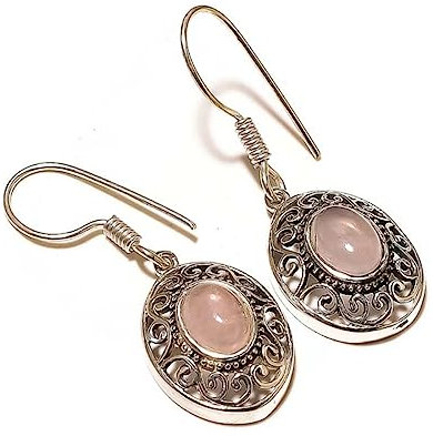 Orecchini pendenti in quarzo rosa naturale cabochon con pietra ovale ossidata e incisa a mano, gioielli con pietra portafortuna di gennaio, regalo per lei, orecchini rosa