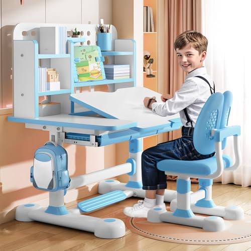 cukoekim Höhenverstellbarer Kinderschreibtisch mit Ergonomischem Stuhl, Mit bücherregal, Schublade und 50 Gradneigbarer Tischplattelte Blau