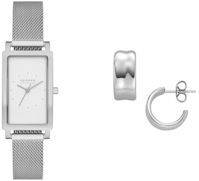 Skagen Damen Hagen Lille Silberfarbene Edelstahl Uhr und Anja Pebbles Ohrringe, Set