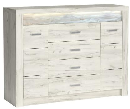 Masseno Kommode ZERI 108,5 cm Sideboard mit 4 Schubladen und 1 Türen für Wohnzimmer Schlafzimmer Modern 108,5x42x103,5 cm Eiche Bianco