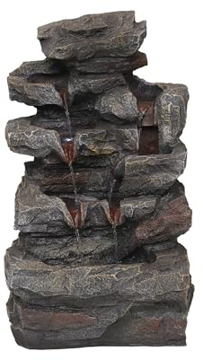 DRULINE Zimmerbrunnen mit LED - Zimmer Wasserfall Brunnen - Kaskadenbrunnen - Zimmerbrunnen - Polyresin Stein Optik - B/H/T ca. 24 x 48 x 31 cm - Grau/Braun - Indoor