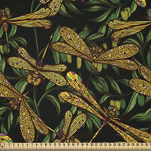 ABAKUHAUS Libelle Stoff als Meterware, Grüne Blätter künstlerisch, Seidiger Satin Stoff Zum benähen von Heimtextilien, 2M (148x200cm), Schwarz Gelb