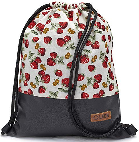 By Bers LEON Turnbeutel mit Innentaschen Reißverschluss Rucksack Beutel Tasche Damen Männer & Teenager Gym Bag Draw String (ErdbeerWeiß_swPU)