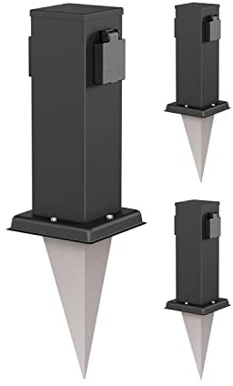 ledscom.de 3 Stück Garten-Steckdosen-Säule Polly mit Erdspieß für außen, IP44, 2-Fach, Edelstahl, eckig, schwarz, 27cm
