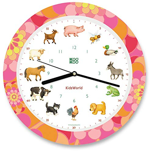 KOOKOO KidsWorld Sunny Flower, Bauernhofuhr mit 12 echten Tierstimmen vom Land, Quarzwerk, 34cm