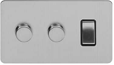 Soho Lighting Brushed Chrome Flat Plate 3 Gang Light Switch with 2 Dimmers (1x2 Way Light Switch with 2x Trailing Edge Dimmer) Blk Ins Screwless