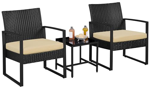 Yaheetech 3-Piece Rattan Garden Furniture Set 2 Chairs 1 Table, Black/Khaki