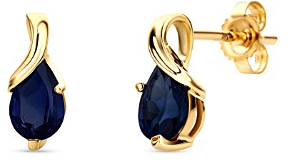 Orovi – Ohrringe Tropfenform aus 14 Karat Gelbgold (585) mit kreiertem Saphir (0.72 ct) – Ohrstecker Gold Damen mit Edelstein in edler Krappenfassung – Allergenfrei & handgemacht (10 x 4.5 mm)
