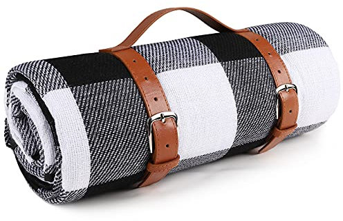 Ben & Bel Water/Sand/Dirt-resistant Picnic Blanket with PU Handle, Outdoor-Ready Black & White Square, 150x200cm XL