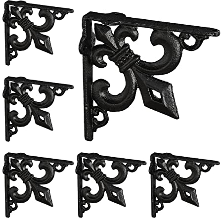 6 x Regalwinkel antik, Regalträger Gusseisen, Lilien Ornament, Vintage Wandwinkel für Regalboden, Regalkonsole, schwarz
