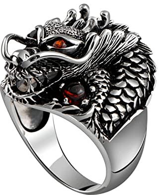 Ayoiow Bague Homme Argent 925,Bagues Chevaliere Hommes Argent Bague Dragon Chinois avec Oxyde De Zirconium Rouge Taille 56.5