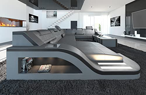 XXL Sofa Wohnlandschaft Palermo Ledersofa U Form - mit LED Beleuchtung, verstellbare Kopfstützen, Recamiere/Lederfarben wählbar/Ausrichtung wählbar (Ottomane Links, Grau-Schwarz)
