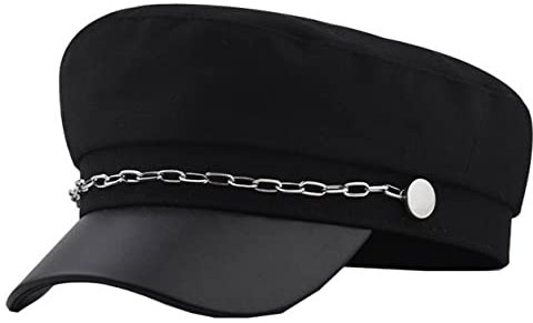 Brcus Herren Damen Yacht Captain Sailor Hut Newsboy Cabbie Baker Boy Schirmmütze Barett Cap, Schwarz mit Kette, 7 1/8 / 7 1/4