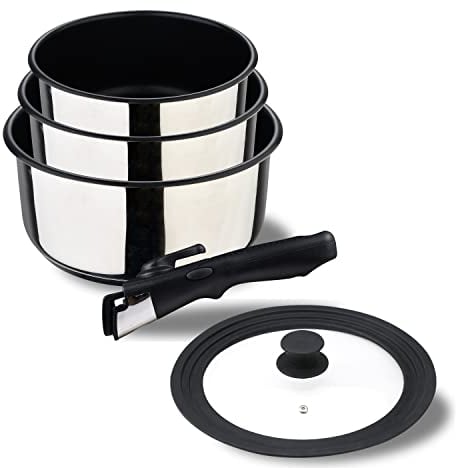 BERGNER Click & Cook | Pfannenset 16, 18 und 20 cm + Abnehmbarer Griff und Universaldeckel | Edelstahl und Antihaftbeschichtung | 1 Abnhembarer Ergonomischer Griff | Für alle Herd- und Ofenarten