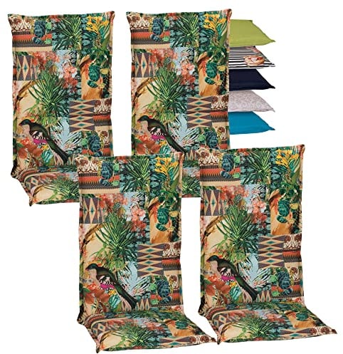 Beo Hochlehner-Auflagen 4er Set UV-beständig Turin | Made in EU Premium-Qualität | Gartenstuhl-Auflagen waschbar | Atmungsaktive Stuhlauflagen Hochlehner | Sitzauflagen mit Dschungel-Motiv Grün