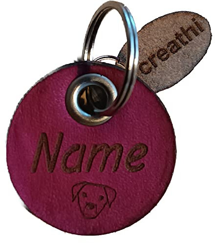 Hundemarke mit Wunschtext Leder personalisiert + SZ (Sternchen, Herzchen etc. mit Verstärkungsöse KREIS (pink-used, 3cm - einzeiliger Text)