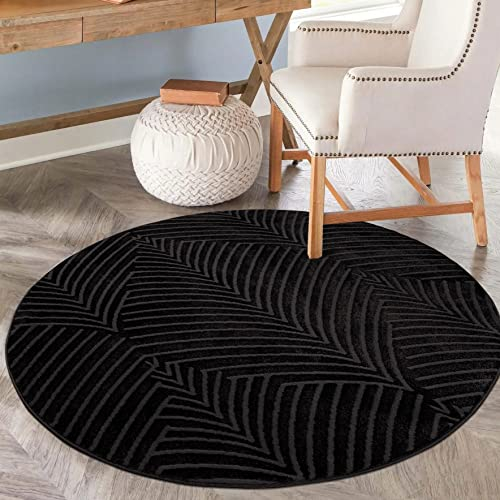 carpet city Teppich Wohnzimmer 200 cm Rund - Schwarz, Anthrazit - Kurzflor, 3D-Effekt, Glanzgarn - Geo-Muster, Floral - Moderne Teppiche Schlafzimmer, Flur, Esszimmer