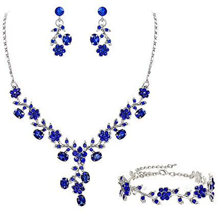 EVER FAITH Hochzeit Party Schmuck Set für Braut österreichischen Kristall Cluster Blume Kostüm Halskette Ohrringe Armband Marineblau Silber-Ton