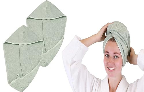 Betz 2 Stück Turban Handtuch mit Knopf - Berlin - Turbantuch - Haar Turban - Frottier Kopfhandtuch - 100% Baumwolle Farbe Jade