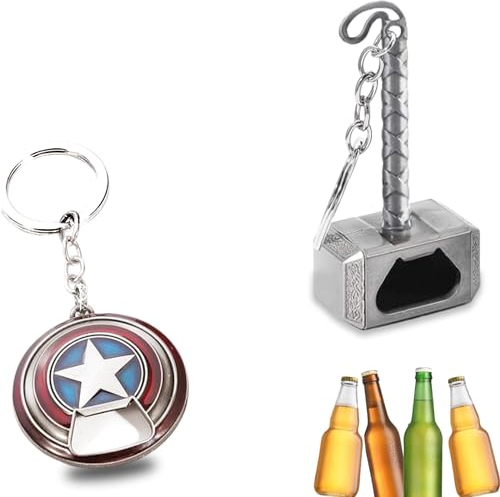 Apribottiglie Thor Hammer, Supereroi Portachiavi Scudo Capitan America, 2 Pezzi Avengers Portachiavi Apribottiglie, Ubephant Apribottiglie Portachiavi, per Bar e Uso Domestico