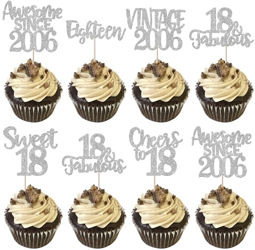 Xsstarmi 24 Pack Vintage 2007 Cupcake Toppers Sweet 18th Birthday Cake Decorations Eighteen 18 Fabulous Cupcake Picks Cheers to 18 Years Old Birthday Wedding Anniversary Party Decorations Silver