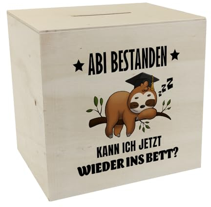 Abi bestanden Faultier Spardose aus Holz mit Spruch zurück ins Bett Abschlussgeschenk Abitur Faultier-Style faul nach Prüfung Schule vorbei TV Relax