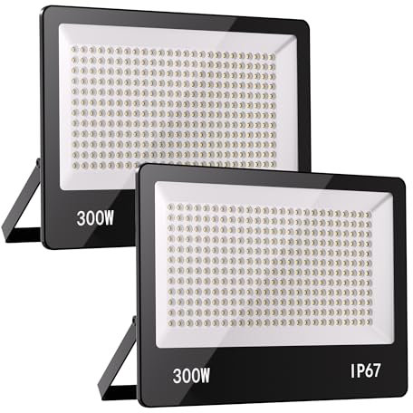 HAPYLUMI Focos LED Exterior 300W, 2 Piezas 30000LM 6500K Blanco Frío, Proyector IP67 Impermeable, Luz de Seguridad para Terraza Jardín Patio
