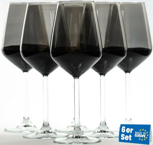 Lyros Schwarze Weingläser 6er Set, Handgefertigte, 295ml, Dunkles Glas mit Schwarzer Verzierung