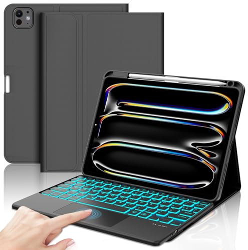 IVEOPPE Coque Clavier iPad Pro 11 Pouces 2024 avec Trackpad, Rétroéclairage DIY 7 Couleurs, Coque Clavier Touchpad Détachable sans Fil Clavier AZERTY avec Porte-Stylet pour iPad Pro 11M4 2024, Noir