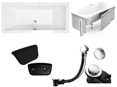 KOLMAN KOMPLETTSET 5in1 Acryl Weiß Wanne Badewanne Rechteck 155x70 cm QUADRO Made in EU + Styroporverkleidung + Badkissen KODI in Schwarz, mit Premium Ablaufgarnitur in Chrom & Wannenfüße