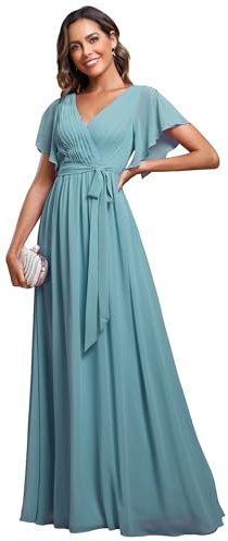 Ever-Pretty Women's Empire Waist V Neck Short Sleeve Floor Length Chiffon Evening Dresses Dusty Blue 8UK