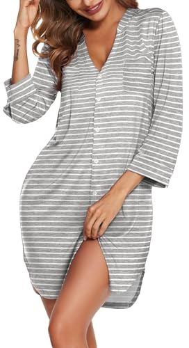 Ekouaer Camison Mujer Dormir Invierno Ropa de Dormir Vestido Manga 3/4 Ropa de Descanso Camison Lactancia, Rayas Grises S
