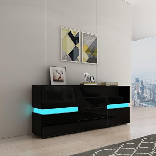Anrichte Kommode, AnrichteSchrank mit LED-Beleuchtung, Hochglanz-Aufbewahrungsschrank mit 2 Türen, 4 Schubladen, große offene Regale, für Esszimmer Wohnzimmer Küche Flur (Schwarz)