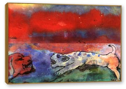 RYLJCZ Abstrakte Berühmte Nolde Gemälde. Poster und Kunstdrucke E. Nolde.（Two Dogs） Reproduktion auf Leinwand. Brauner Rahmen Deko Bild für Wohnzimmer 70x98cm(27.6x38.5in) Teakfarben gerahmt