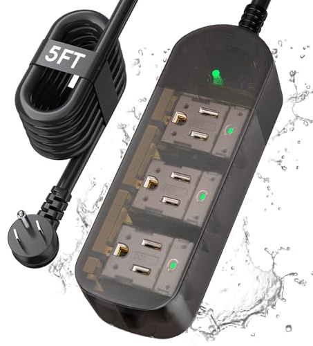 Outdoor Power Strip Weatherproof, Transparent IPX6 Waterproof Surge Protector with 3 Wide Outlets, 1625W/13A, 5FT Extension Cord, Wall Mountable for Indoor Outdoor, UL FCC Listed