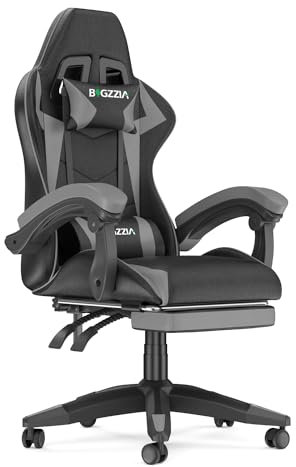 bigzzia Gaming Chair with Footrest and Ergonomic Computer Chair Reclining PU Leather High Back Video Game Chair with Headrest Adjustable Lumbar Support Linkage Armrest for Adults (Black/Grey)
