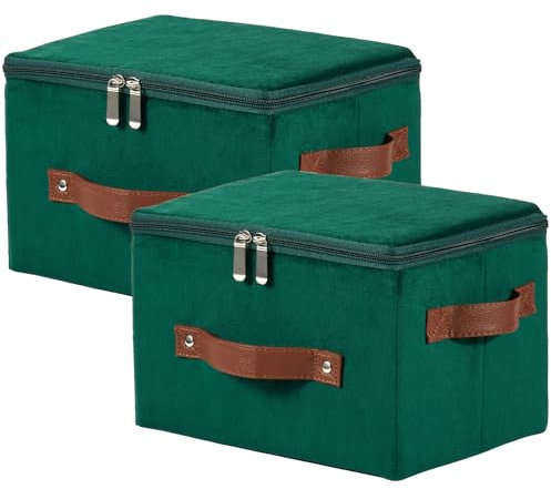 VinneGenzz 2PCS Storage Bins with Zipper Lid Velvet Fabric Storage Box Lidded Basket Foldable Washable Decorative Closet Shelf Clothes Organizer Container with PU Leather Handles (Deep Green, Small)