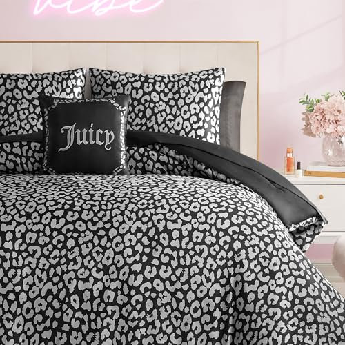 Juicy Couture Modernes schwarzes Leoparden-Satin-Bettwäsche-Set, luxuriöses Bett in Einer Tasche, weiche und stilvolle 8-teilige Bettwäsche-Kollektion