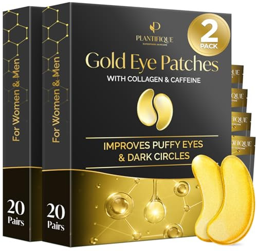Plantifique Augenpads Gegen Augenringe und Tränensäcke - 40 Paar Gold Eye Pads mit Kollagen, Koffein - Augenmaske Under Eye Patches Mask - Augen Pads Weihnachten Geschenk