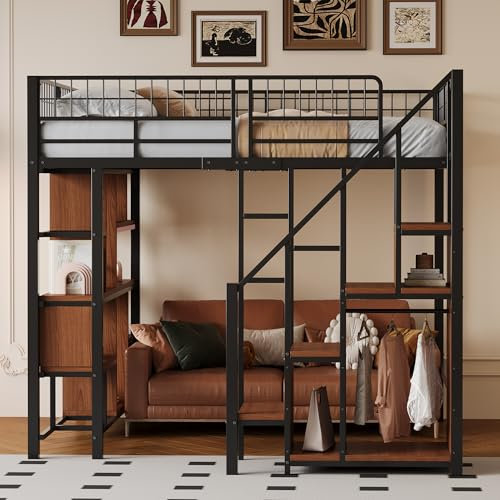 Kebnor Multifunktionales Hochbett 140 x 200 cm, Metallbett mit Stauraum, Ablageflächen und Treppe, Erwachsenenbett und Kinderbett (schwarz)