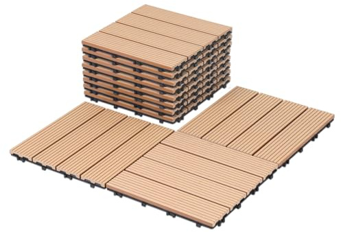 Fiqops 110 piastrelle in WPC, 30 x 30 cm, in WPC, piastrelle da giardino con sistema a clic, per terrazze, terrazze, impermeabili, per 10 m², teak